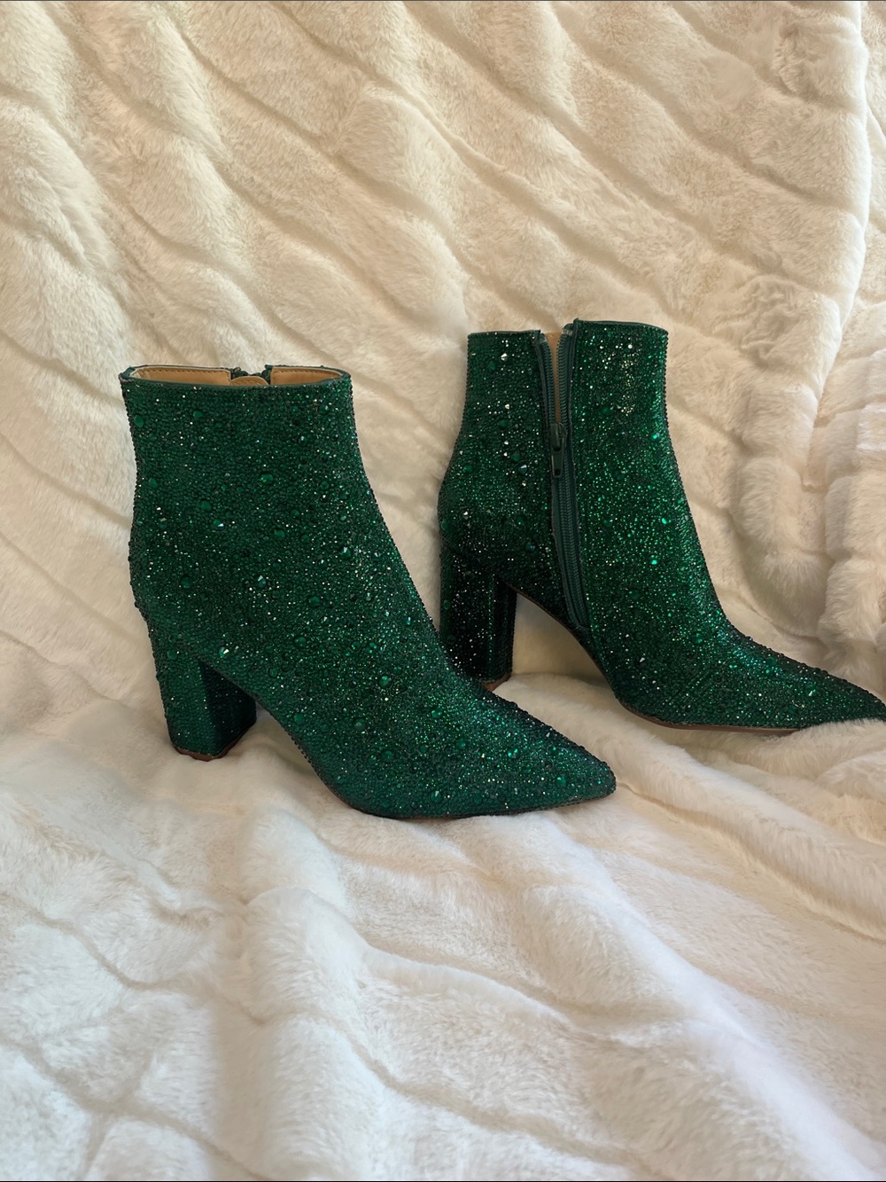 Betsey Johnson Emerald Green Glitter Ankle Booties with Block Heel
